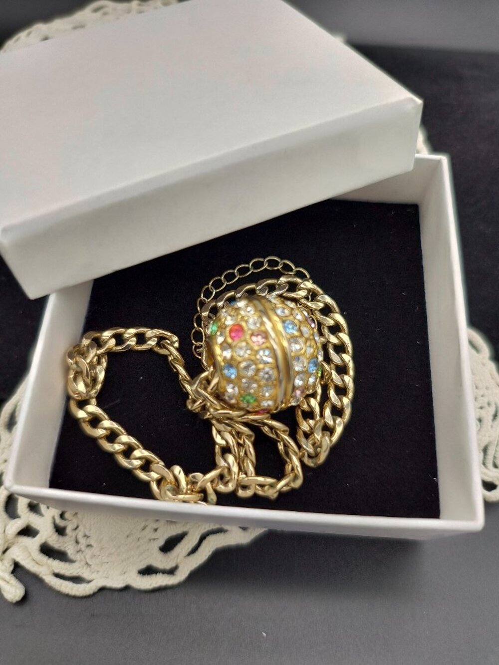 Retro Glam Gold Chain Necklace w/ Bold Rhinestone Ball Pendant